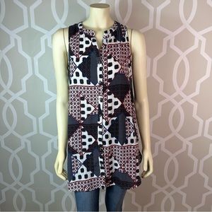 Umgee Sleeveless Tunic Top Black Multi Print Button Front High Low Hem New